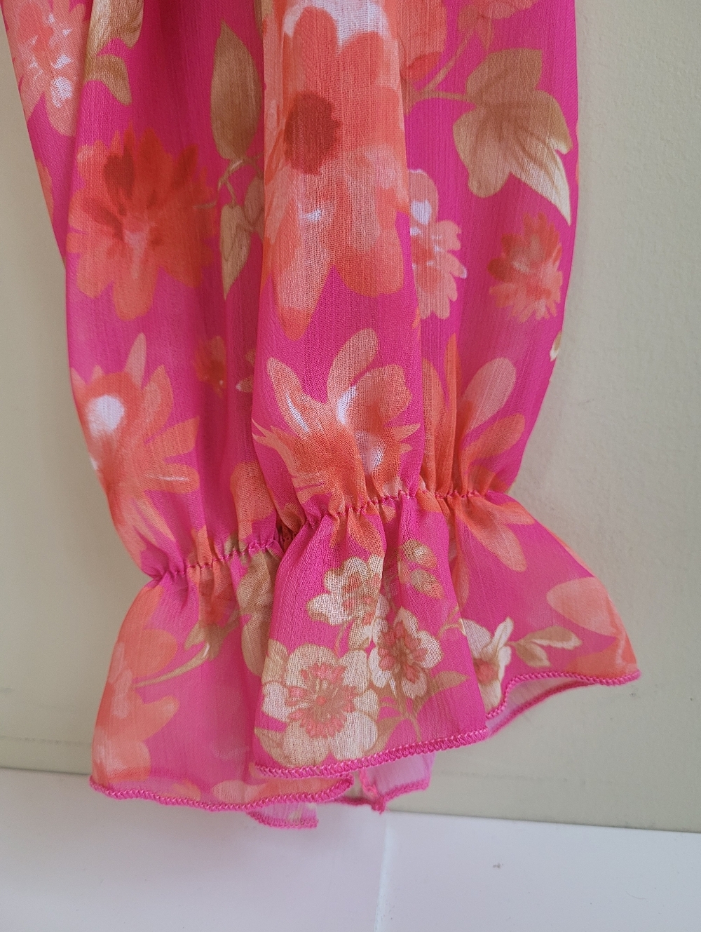 Peach Love Floral Crossover Long Sheer Sleeve Crop Top Pink Womens Large - Picture 5 of 7